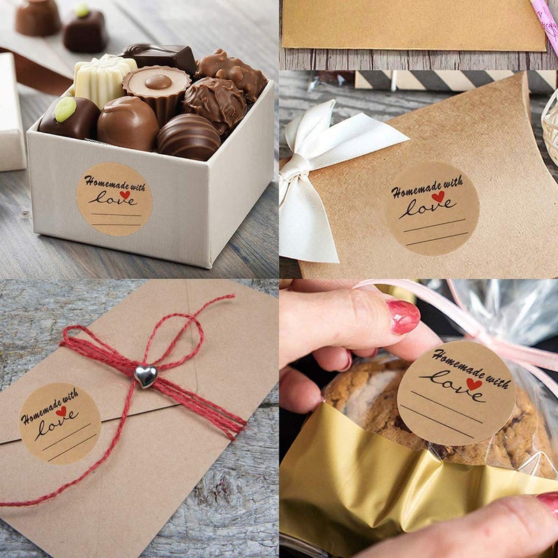 A AKRAF 2" Round Kraft Homemade with Love Sticker with Lines for Writing, Black Font and Red Heart Canning Labels, 500 Labels per roll - Image 3